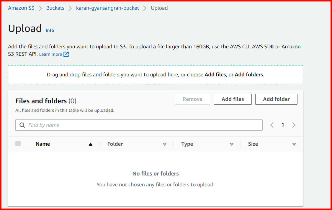 Picture showing the Upload screen for adding the file or folder on S3 bucket